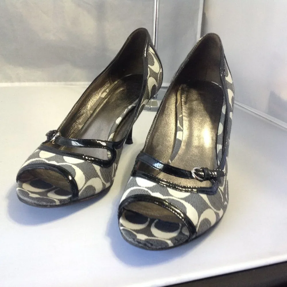 Coach Open Toe Signature canvas/ Leather Pumps